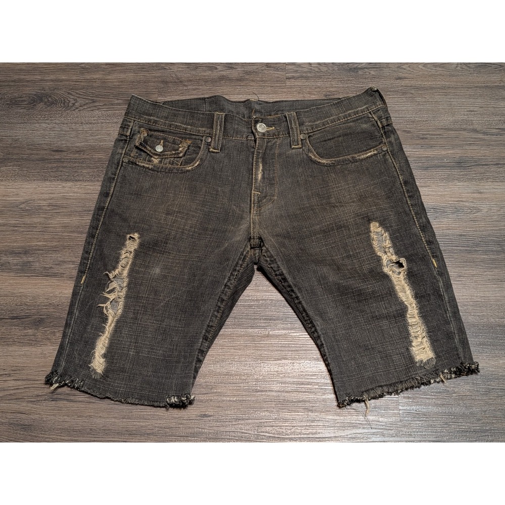 True Religion Joey Distressed Denim Jorts Mens 34 Black Gray Made‎ in USA Y2K